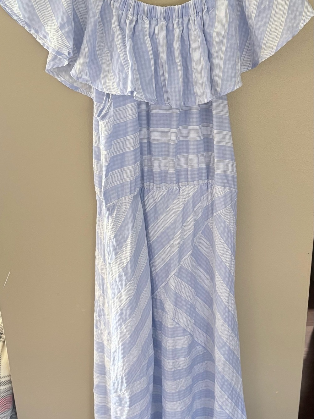 Umgee Blue and White Striped Off-Shoulder Maxi Dress